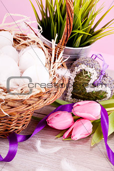 festive traditional easter egg decoration ribbon and tulips