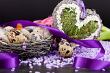 pink tulips and brown eggs with purple ribbon easter decoration