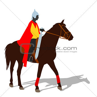 Rider on a horse in clothing warrior with a sword and wearing a 