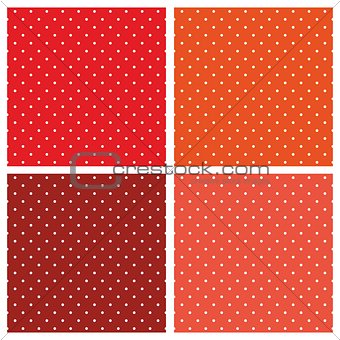 Seamless vector patterns or textures set with white polka dots on pastel, colorful red, orange, brown and peach pink background