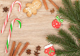 Christmas fir tree, gingerbread cookie and candy cane