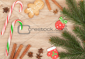 Christmas fir tree, gingerbread cookie and candy cane