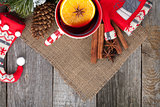 Christmas mulled wine with fir tree and decor