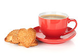 Red coffee cup and heart shaped cookies