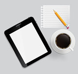 Abstract design tablet, coffee, pencil, blank page on boards Bac