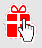 Mouse hand cursor on gift sticker label  vector illustration