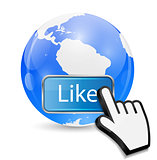 Mouse Hand Cursor on Like Button and Globe Vector Illustration