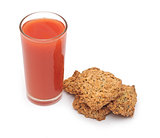 tomato juice glass with cookies isolated on white background 