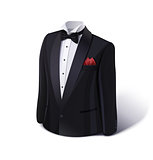 Tuxedo and bow. Stylish suit.