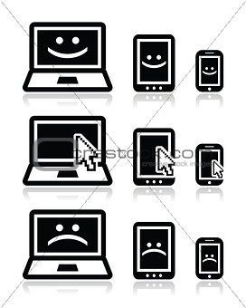 Laptop, tablet and phone with cursor arrow, happy and sad faces