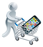 Person pushing trolley with mobile phone