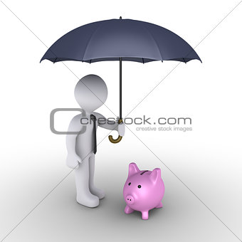 Person protecting pig money box with umbrella