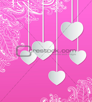 Pink background with paper hearts 