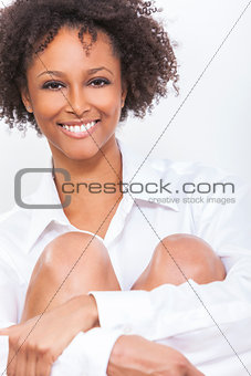 Mixed Race African American Woman Girl in White Shirt