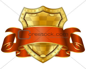 Gold shield with red ribbon