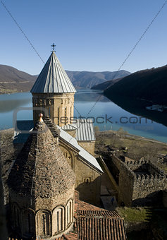  Georgian castle Ananuri and mountain scene