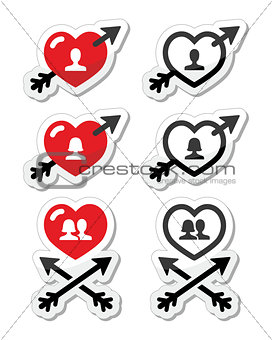 Hearts with arrow, love, valentines icons set