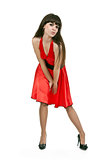brunette girl in red dress
