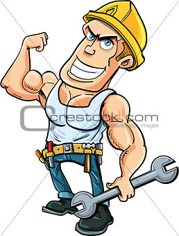 Cartoon handyman flexing his muscles