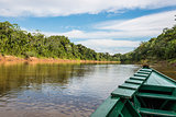 boat in the river in the peruvian Amazon jungle at Madre de Dios