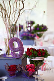 Wedding banquet table with decor and flowers