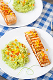 Creamy avocado rice with grilled salmon