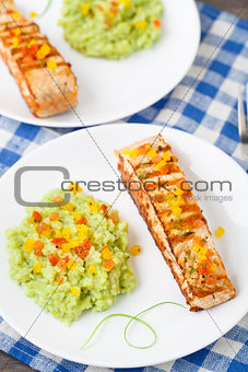 Creamy avocado rice with grilled salmon
