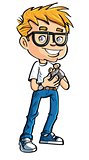 Cute cartoon nerd with a mobile phone