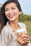 Asian Chinese Woman Girl Drinking Coffee Outside