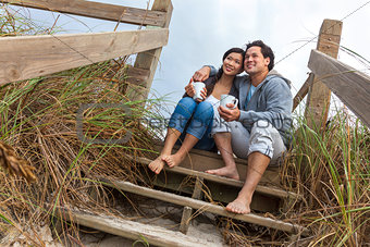 Asian Man Woman Romantic Couple on Beach Steps