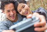 Asian Man Woman Couple Taking Selfie Photograph