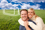 Happy Couple Hugging in Grass Field with Ghosted House Behind