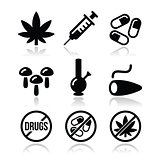 Drugs, addiction, marijuana, syringe icons set