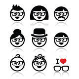 People wearing glasses, geeks icons set