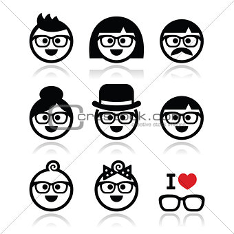 People wearing glasses, geeks icons set