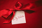 Red bow and white card for gift on velvet  background