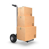 Hand Truck upright with three Boxes