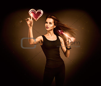 Woman Aiming to the Glowing Heart with an Arrow
