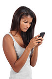 Beautiful african american serious model woman browsing her smart phone