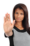 Beautiful african american woman making stop gesture with the hand