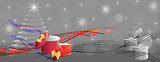 Grey Christmas banner with color ribbons and gift boxes