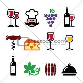 Wine colourful icons set - glass, bottle, restaurant, food