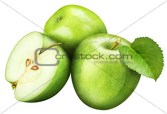 juicy green apple with leaf on white background , fruits