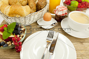 traditional french breakfast on table in morning