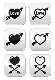 Hearts with arrow, love, valentines buttons set