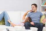 Cute and happy couple relaxing on sofa
