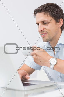 Smiling man with teacup using laptop at home