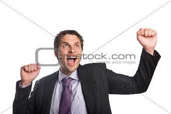 Cheerful businessman cheering as he looks up
