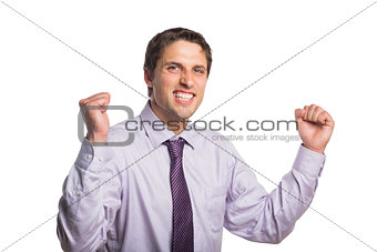 Portrait of a cheerful young businessman cheering