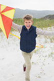 Cheerful boy with kite at beach